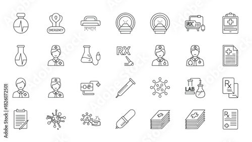 Set of modern line icons for medicine, scientific research, and healthcare technology
