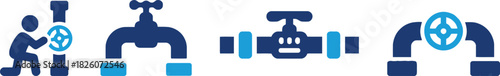 plumbing, pipe, valve, faucet, water, industry, maintenance, repair, worker, person, turning, wheel, control, flow, blue, teal, icon, set, graphic, design, vector, illustration, engineering, utility, 