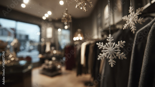 Hanging glitter snowflake ornaments in a boutique clothing store during the holiday shopping season