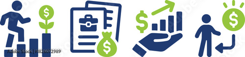 business, finance, growth, icons, money, investment, profit, success, career, development, graph, chart, hand, person, steps, briefcase, bag, dollar sign, green, blue, white background