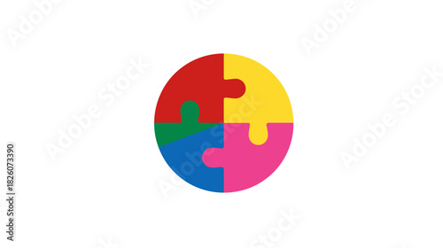 Colorful puzzle pieces forming a circle, with red, green, blue, yellow, and pink shades