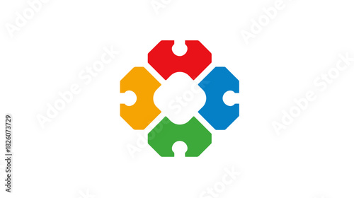 Geometric pattern of four rounded octagon shapes with cutouts, in primary colors