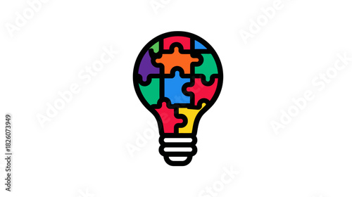 Colorful puzzle pieces forming a lightbulb shape, with black outline on a white background