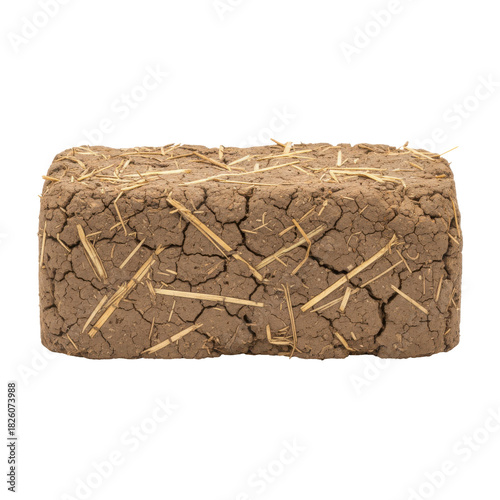 Cracked adobe brick with straw texture isolated on a black background