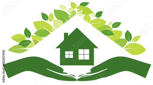 A green house icon with leafy canopy and hands underneath, symbolizing ecological housing