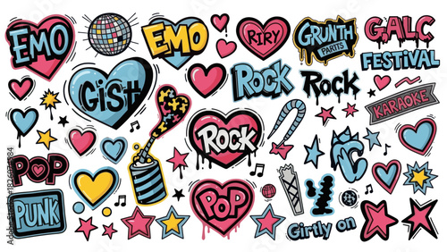 Colorful sticker sheet with hearts, stars, and music-related words like 'Rock', 'Pop', 'Emo', and 'Punk'.