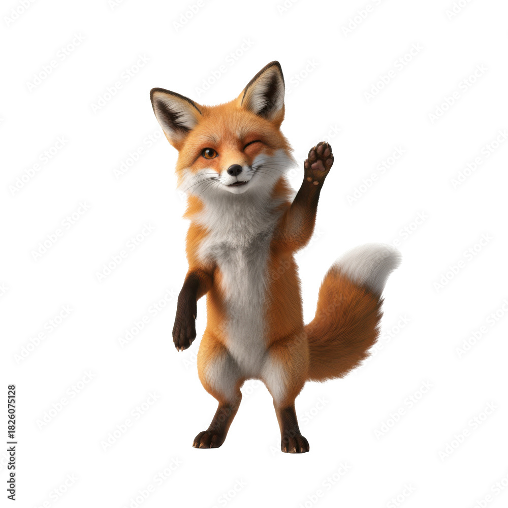 Obraz premium Cute cartoon fox waving hello and winking against a black background