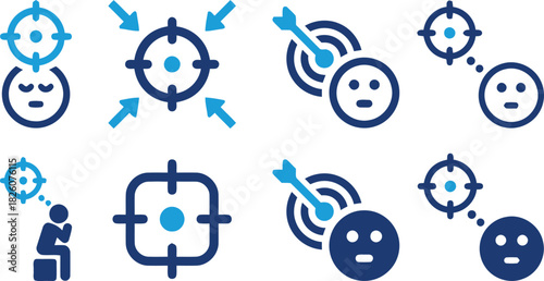 business, strategy, focus, target, goal, objective, vision, thinking, planning, success, achievement, icon, symbol, graphic, design, people, face, sad, confused, arrow, dart, bullseye, concentration, 