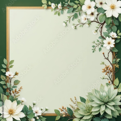 Elegant Floral Frame with White Flowers and Green Background for Decorative Use