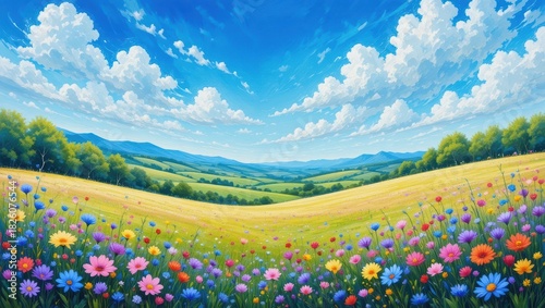 Vibrant Meadow Teeming With Colorful Wildflowers Under Clear Blue Sky with Dramatic Clouds
