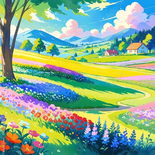 Vibrant Floral Landscape with Colorful Wildflowers and Serene Countryside Under Bright Sky