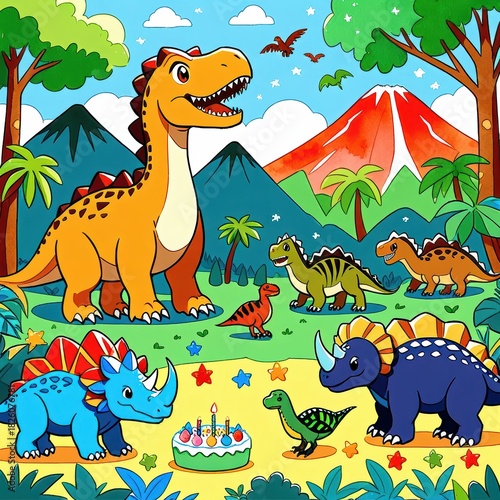 Colorful Cartoon Dinosaurs Celebrating a Birthday Party in a Fun Jungle Landscape