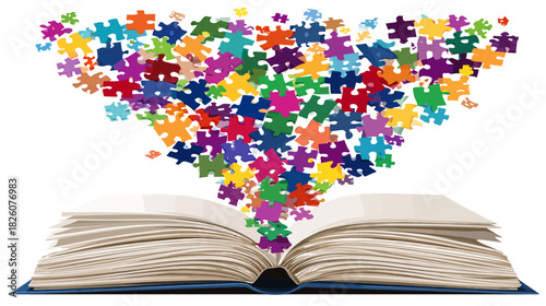 Open book with a blue cover, pages open upwards, puzzles emerge from it