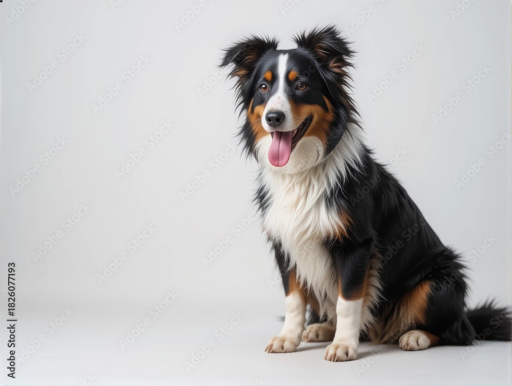 Fototapeta premium Wet and Happy Collie Dog Sitting with a Playful Expression in a Studio Setting