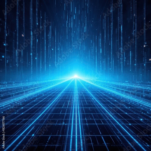 Futuristic Digital Landscape with Illuminated Grid Lines and Radiant Blue Light in Perspective