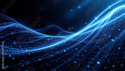 Dynamic Flow of Blue Light Waves Creating an Abstract Digital Landscape in a Technology Background