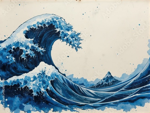 Dramatic Blue Waves Crashing Against The Shore In A Vibrant Ocean Landscape Illustration