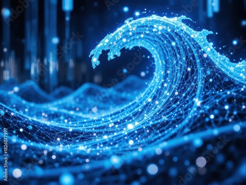 Glowing Abstract Wave Form in Blue with Digital Particles and Futuristic Technology Elements