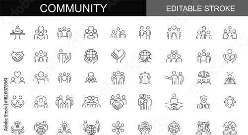 Global Community, Teamwork, and Social Responsibility Editable Stroke Line Icon Set: Vector Collection