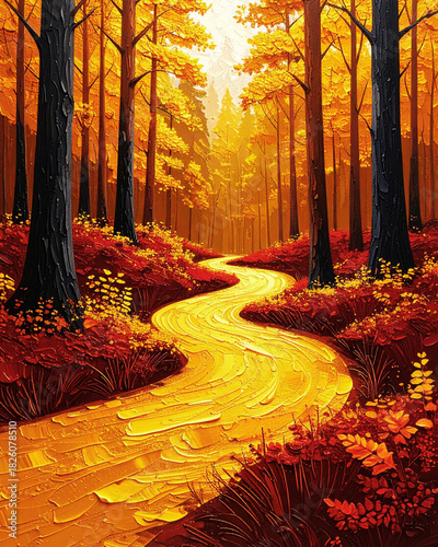 A vibrant forest park alley path showcases the spectacular yellow and orange foliage of the autumn season