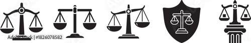 Vector scales of justice law and order legal system balance icon set illustration