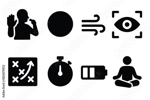 Bold vector icons collection for modern design featuring communication, meditation, and technology