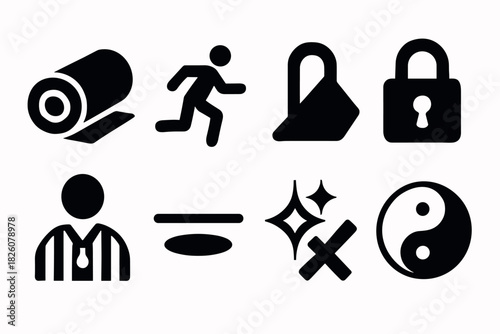 Minimalist icon set featuring yoga, sports, lock security, and yin yang symbols for design projects