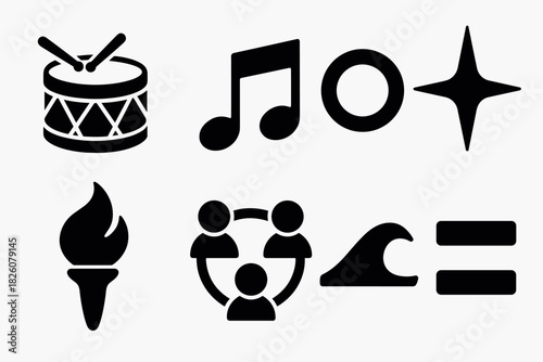 Minimalist vector icon set featuring music, sports, community, and nature symbols for graphic design