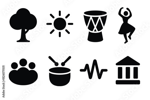 Bold minimalist icon set featuring nature, music, and movement elements for graphic design