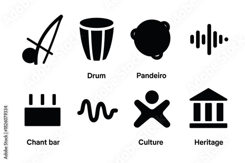 Minimalist musical instrument icon set featuring drum, pandeiro, chant bar for cultural design projects