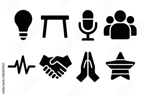Minimalist vector icons set featuring lightbulb, microphone, handshake, and more for design and communication