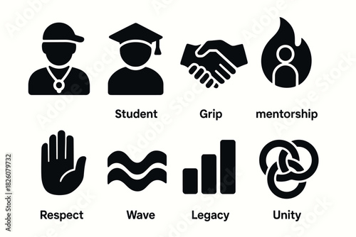 Bold vector icons set featuring education, leadership, and teamwork concepts for graphic design
