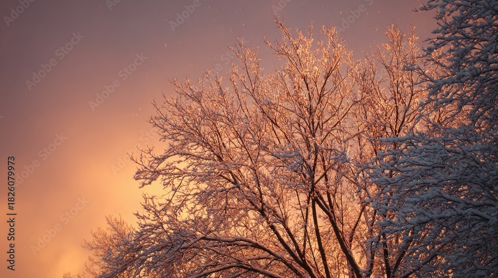 Obraz premium Snow covered tree branches against a warm orange and purple sky winter trees