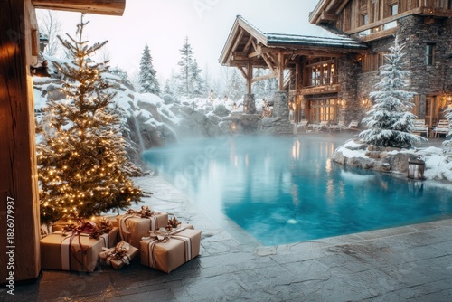 Cozy mountain lodge with steaming pool and Christmas decorations in the snow