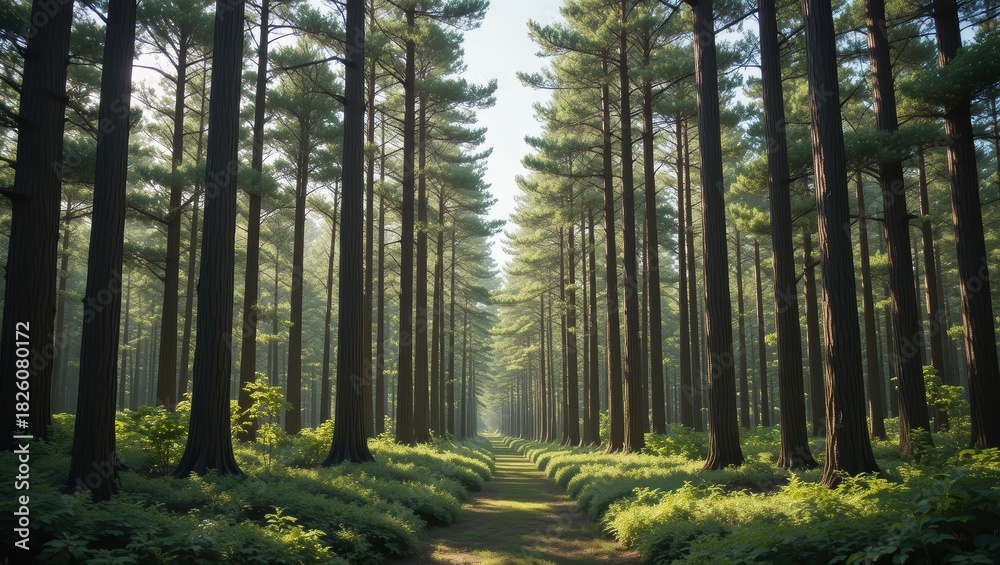 Obraz premium Sunlit Pathway Through a Dense Forest of Tall Evergreen Trees in Early Morning Light