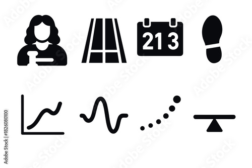 Minimalist vector icons set featuring graphs, calendar, road, footprint, seesaw, and worker silhouette for versatile designs