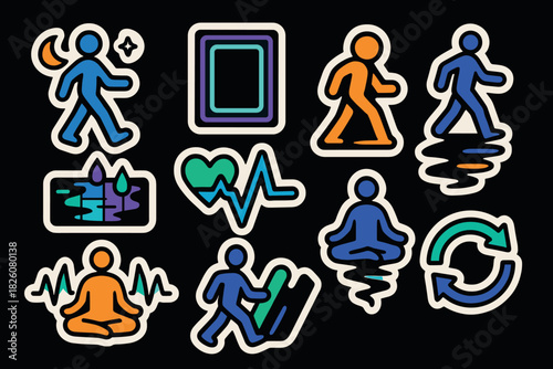 Vibrant evening activity icons for meditation, nature walk, and health monitoring