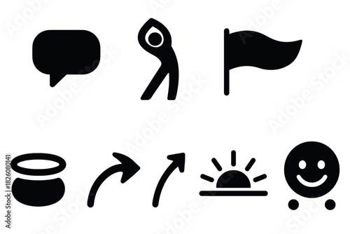 Minimalist vector icons collection featuring speech bubble, yoga pose, flag, sunrise, and arrow designs