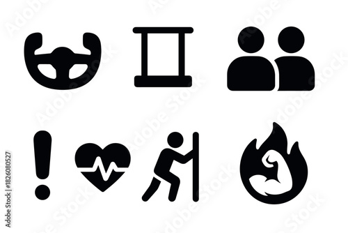 Bold minimalist icon set featuring sport, health, and safety themes for modern design