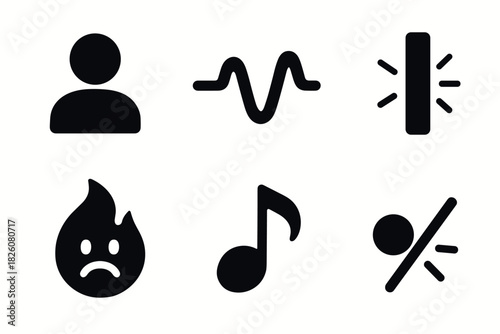Minimalist vector icons set with user profile, waveform, brightness, fire sad face, music note, and no signal elements