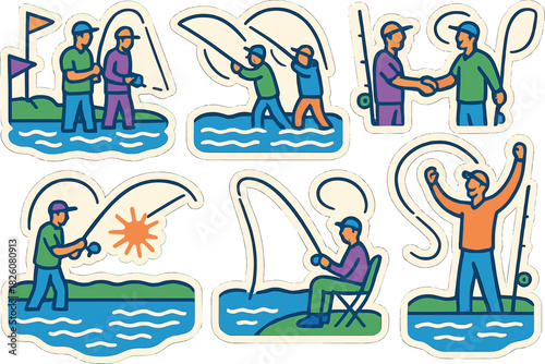 Sport fishing sticker set featuring anglers, fish, and outdoor scenes for decorative use