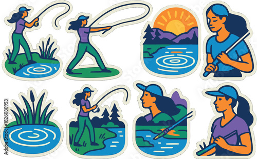 Tranquil fishing scenes with female angler and nature icons for outdoor adventure design