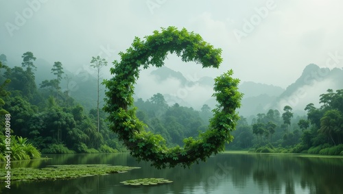 Lush Greenery Forming a Circular Shape Above a Tranquil Lake Surrounded by Misty Forest Landscape