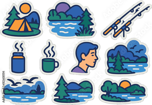 Tranquil fishing camp with nature scenes and camping elements for outdoor adventures