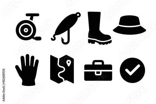 Fishing gear icons collection: tackle box, map, boots, hat, reel, lure, and gloves for outdoor adventure design