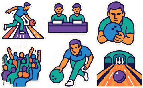 Vibrant bowling excitement icons for sports enthusiasts: perfect for event promotions and graphic design