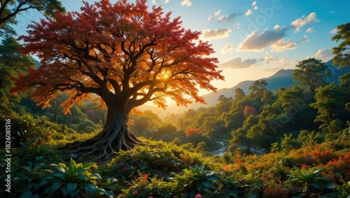 Majestic Autumn Tree Illuminated by Golden Sunset in a Lush Natural Landscape