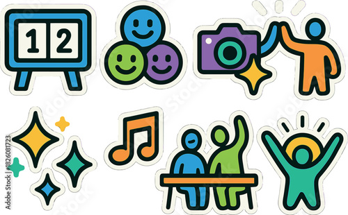 Vibrant weekend vibes illustration with colorful icons for social media and event graphics