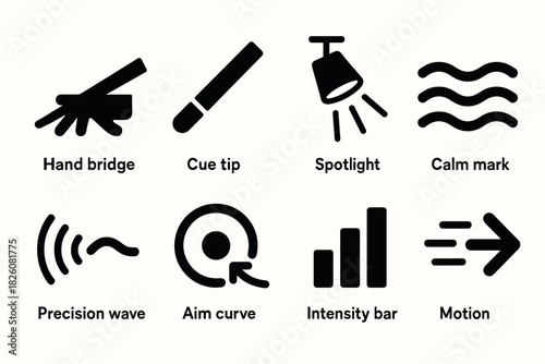 Minimalist vector icons set for design projects featuring hand bridge, cue tip, and spotlight