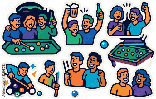 Celebration of friends playing pool and enjoying drinks at night